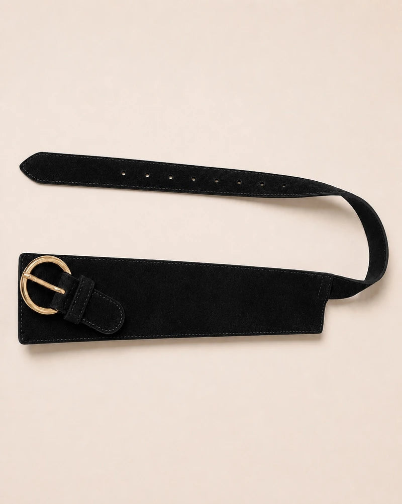 Breiter Ledergürtel Damen Schwarz rund Schnalle Wildleder-Optik, Detailansicht - Valentina Schuhmann