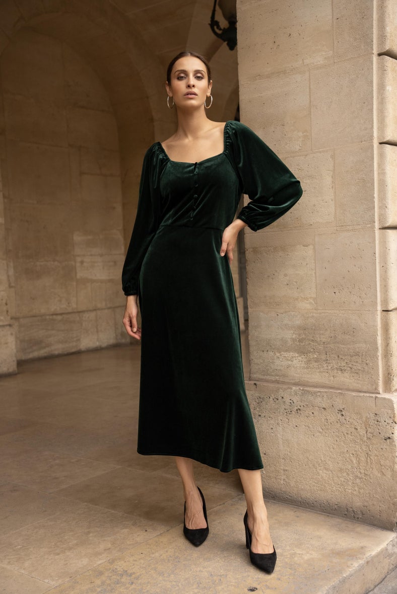 Midi Samtkleid mit Puffärmeln