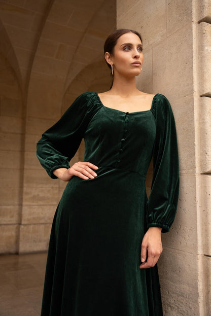 Midi Samtkleid mit Puffärmeln