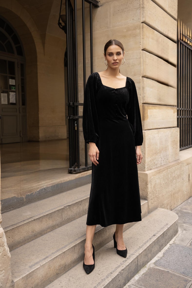 Midi Samtkleid mit Puffärmeln