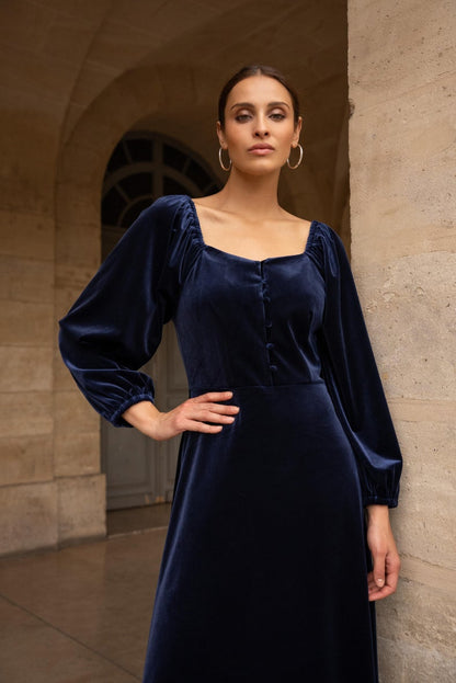 Midi Samtkleid mit Puffärmeln