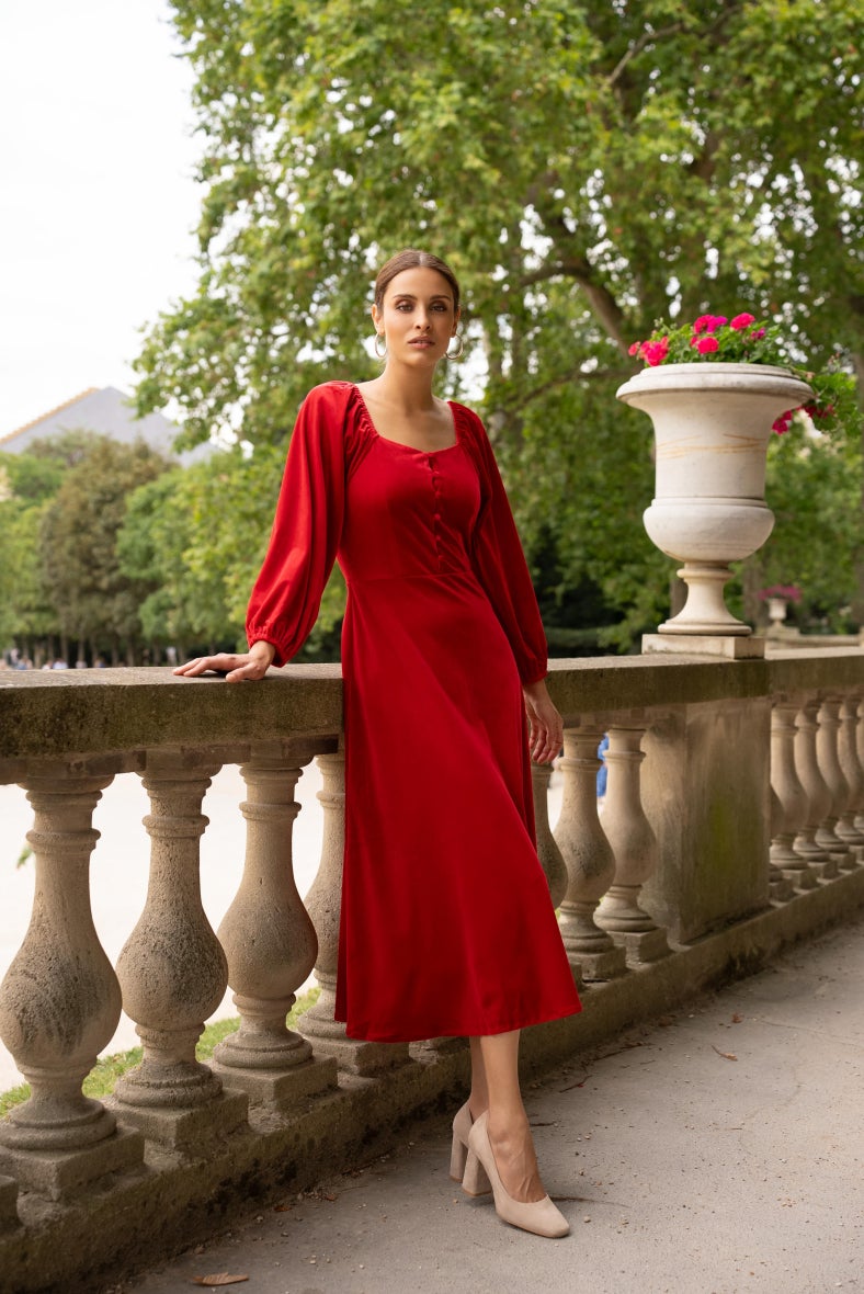 Midi Samtkleid mit Puffärmeln