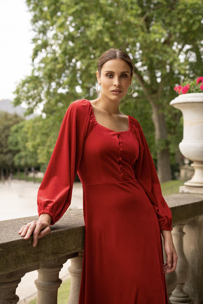 Midi Samtkleid mit Puffärmeln