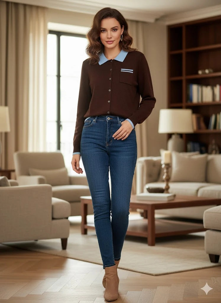 Strick-Cardigan mit stilvollem Kontrastkragen