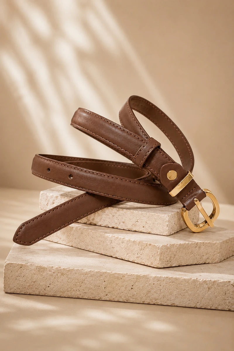 Schmaler Ledergürtel Damen Braun mit goldener Schnalle, Detailansicht - Valentina Schuhmann