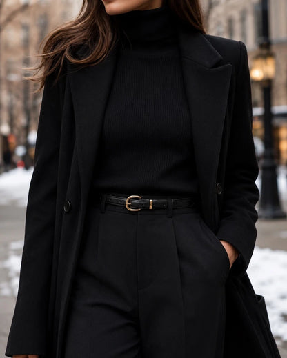 Schmaler Ledergürtel Damen Schwarz mit goldener Schnalle, Frontansicht - Valentina Schuhmann
