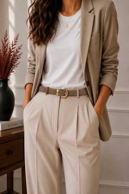 Schmaler Ledergürtel Damen Taupe mit goldener Schnalle, Frontansicht - Valentina Schuhmann