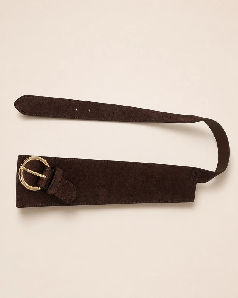 Breiter Ledergürtel Damen Dunkelbraun rund Schnalle Wildleder-Optik, Detailansicht - Valentina Schuhmann