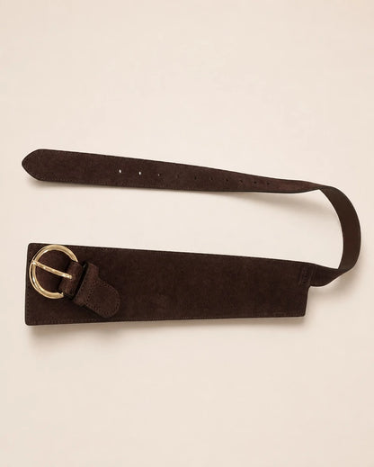 Breiter Ledergürtel Damen Dunkelbraun rund Schnalle Wildleder-Optik, Detailansicht - Valentina Schuhmann