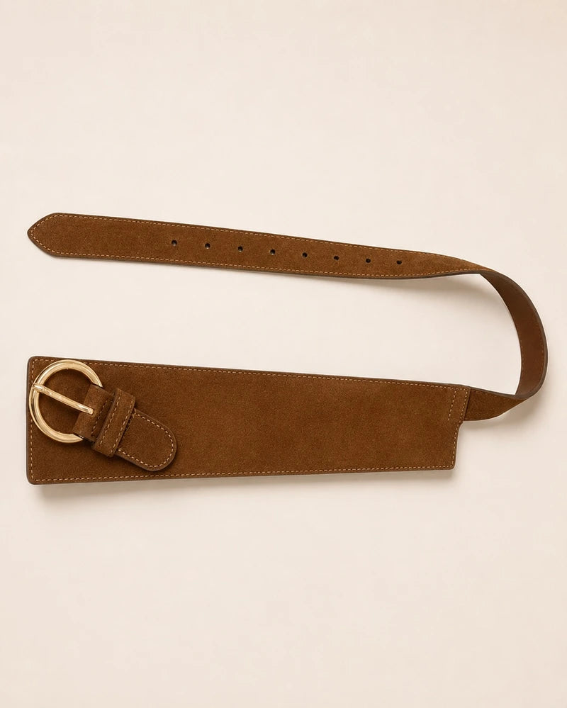 Breiter Ledergürtel Damen Kamel rund Schnalle Wildleder-Optik, Detailansicht - Valentina Schuhmann