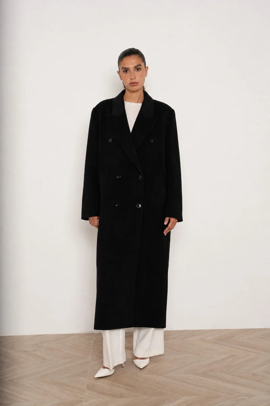 Sehr langer Oversize-Mantel aus Wollmix mit breiten Revers und doppelreihigem Verschluss, knöchellang