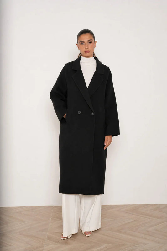 Langer Unisex-Oversize-Mantel aus Wollmix mit breiten Spitzrevers und zweireihigem Verschluss