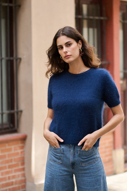 Kurzarm-Pullover aus softem Angora-Mix mit Puffärmeln