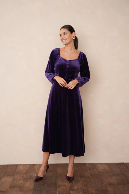 Midi Samtkleid mit Puffärmeln