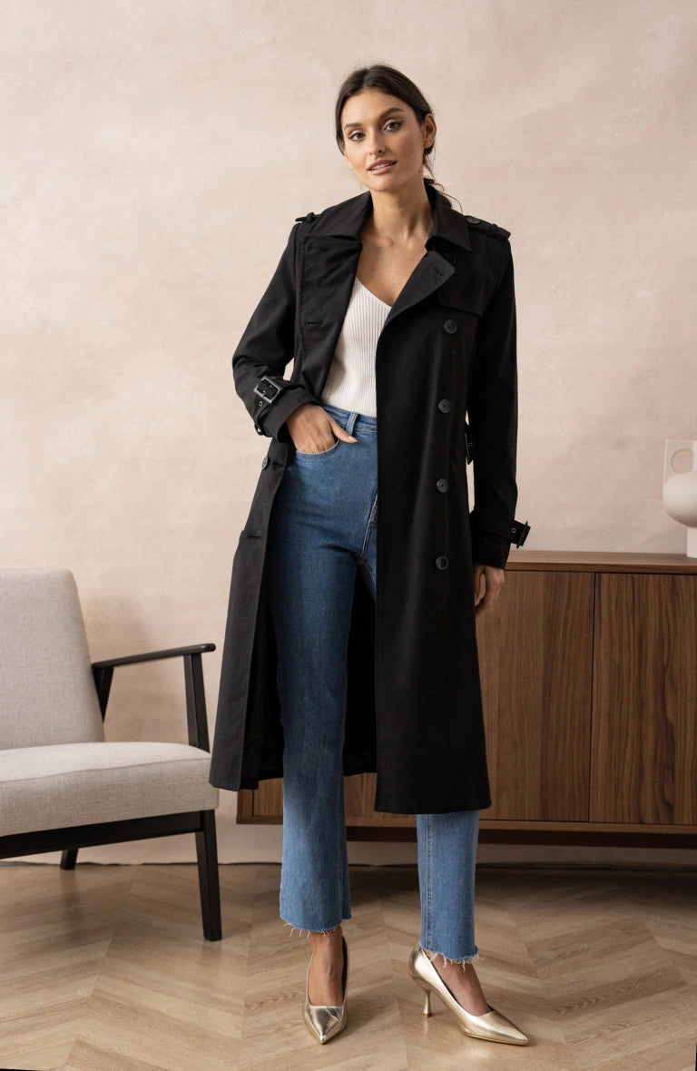 Langer, schlichter Trenchcoat mit Gürtel